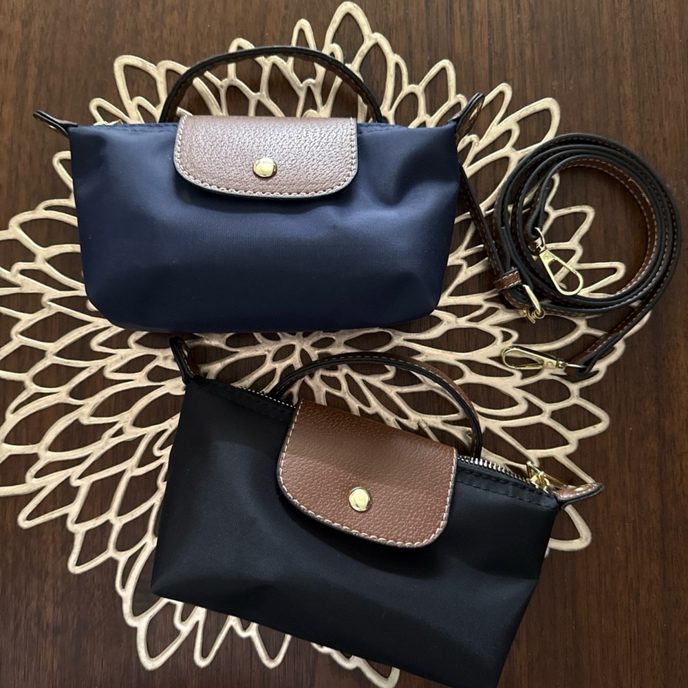 Set of 2 NAVY and BLACK Brown Leather Trim Nylon Mini Purse Crossbody